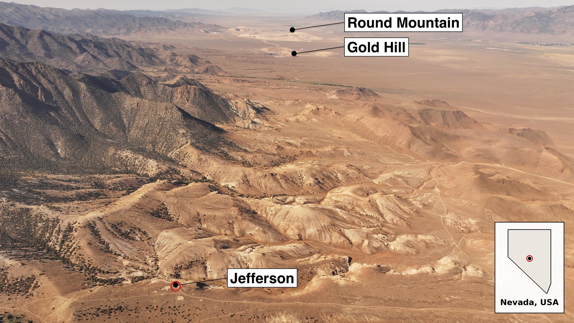 Aerial view south from the Jefferson property toward Gold Hill and Round Mountain, with Nevada location inset