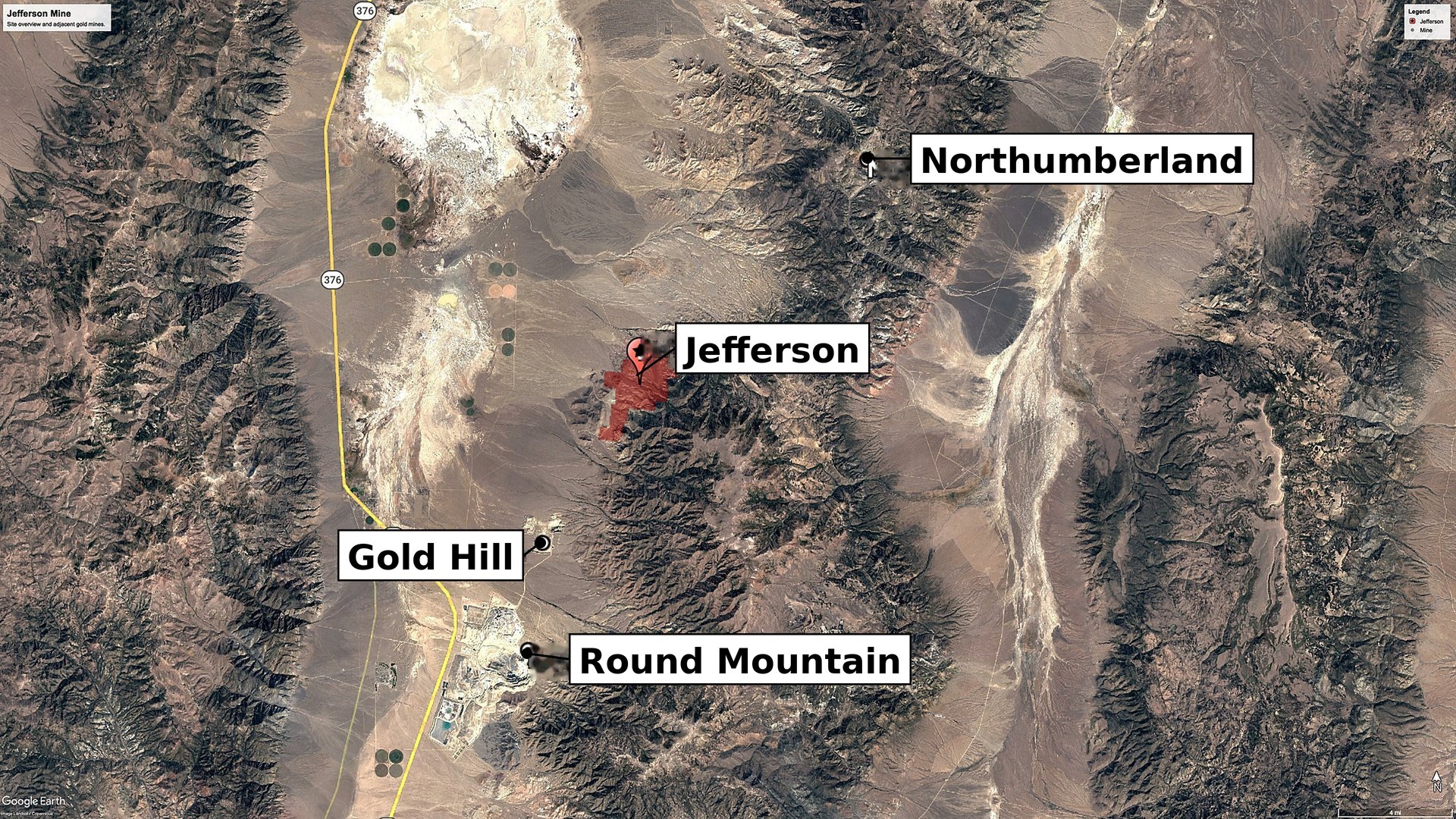 Jefferson Gold - District Location Map (Google Earth) with claim boundary and labeled adjacent mines