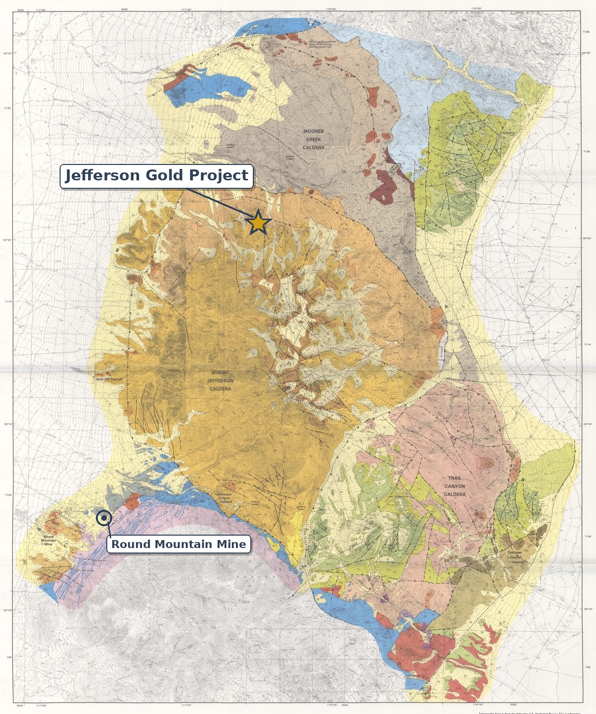 Geologic Map of the Toquima Caldera Complex with the Jefferson Gold Project location marked